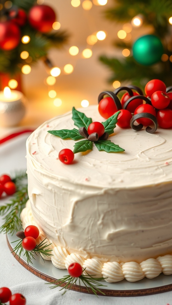 A festive Christmas cake with white frosting, cranberries, and chocolate curls, set in a holiday-themed background.